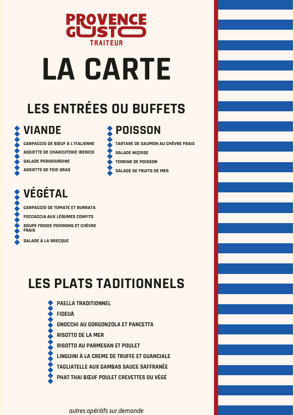 menu carte menu entrées ou buffet